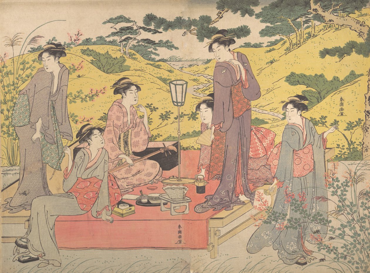 Uma Festa de Piquenique no Hagidera, no final do século XVIII - início do século XIX. de Katsukawa Shuncho