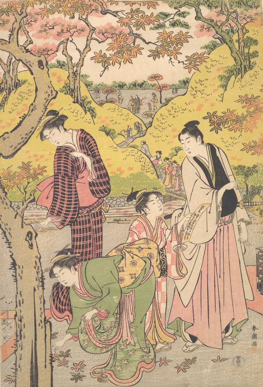 Um Homem Jovem, Duas Mulheres Jovens e uma Rapariga numa Festa de Piquenique, ca. 1789. de Katsukawa Shuncho