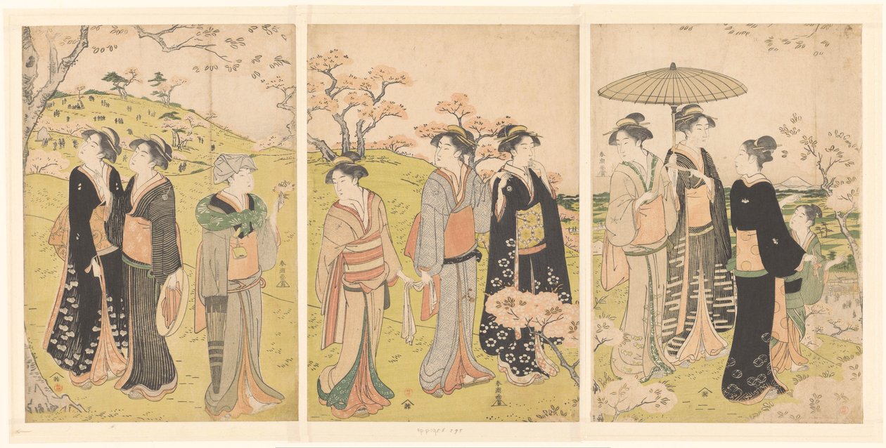 Admirando a flor de cerejeira em Asukayama de Katsukawa Shuncho