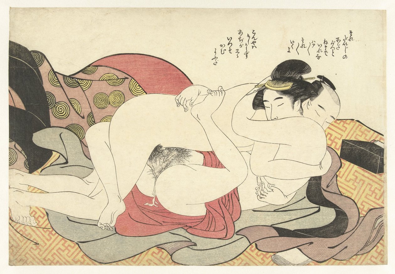 Casal amoroso em estreito abraço de Katsukawa Shuncho