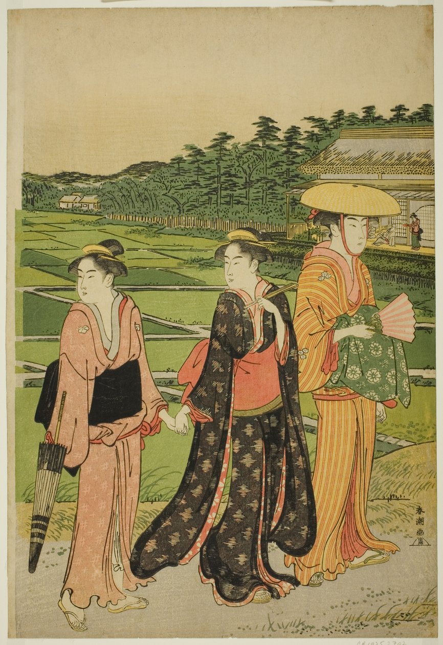 Três mulheres perto de arrozais de Katsukawa Shuncho