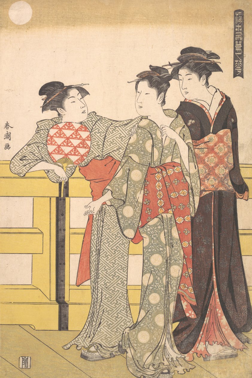 Três mulheres em uma ponte, ca. 1785. de Katsukawa Shuncho
