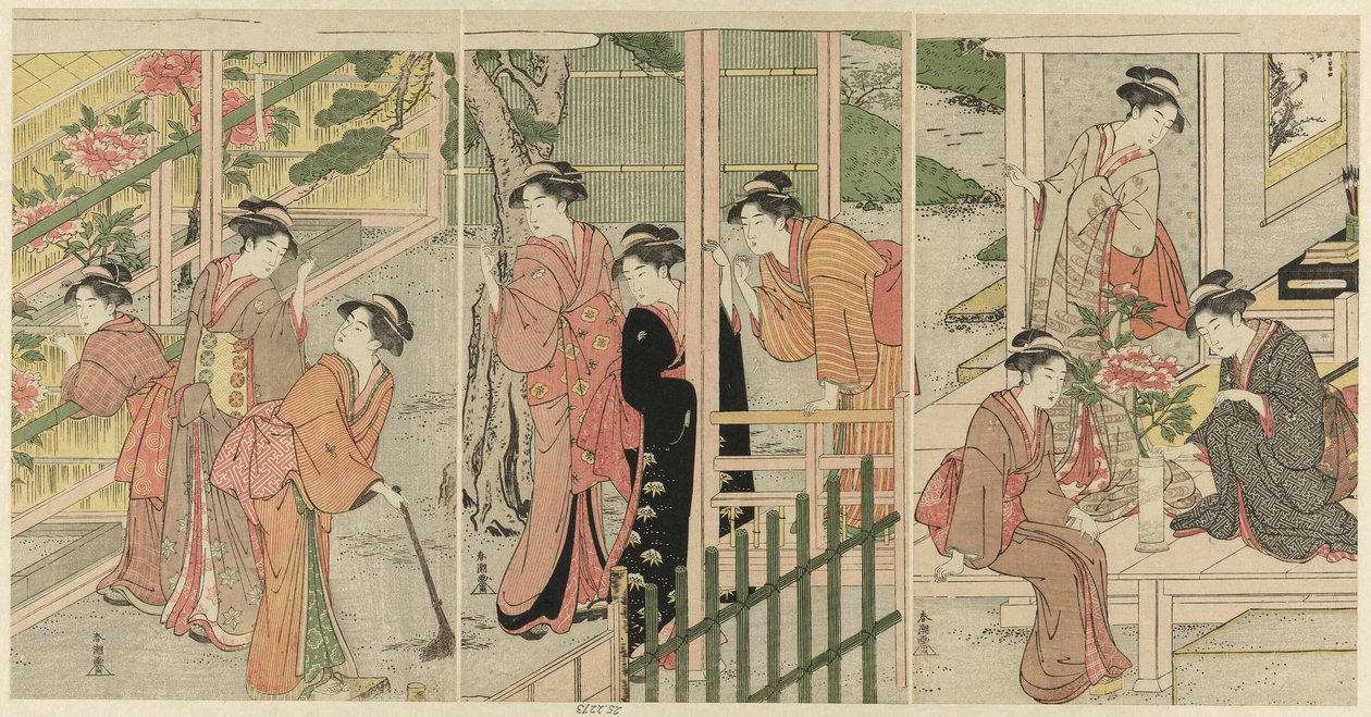 Mulheres Admirando Peônias de Katsukawa Shuncho