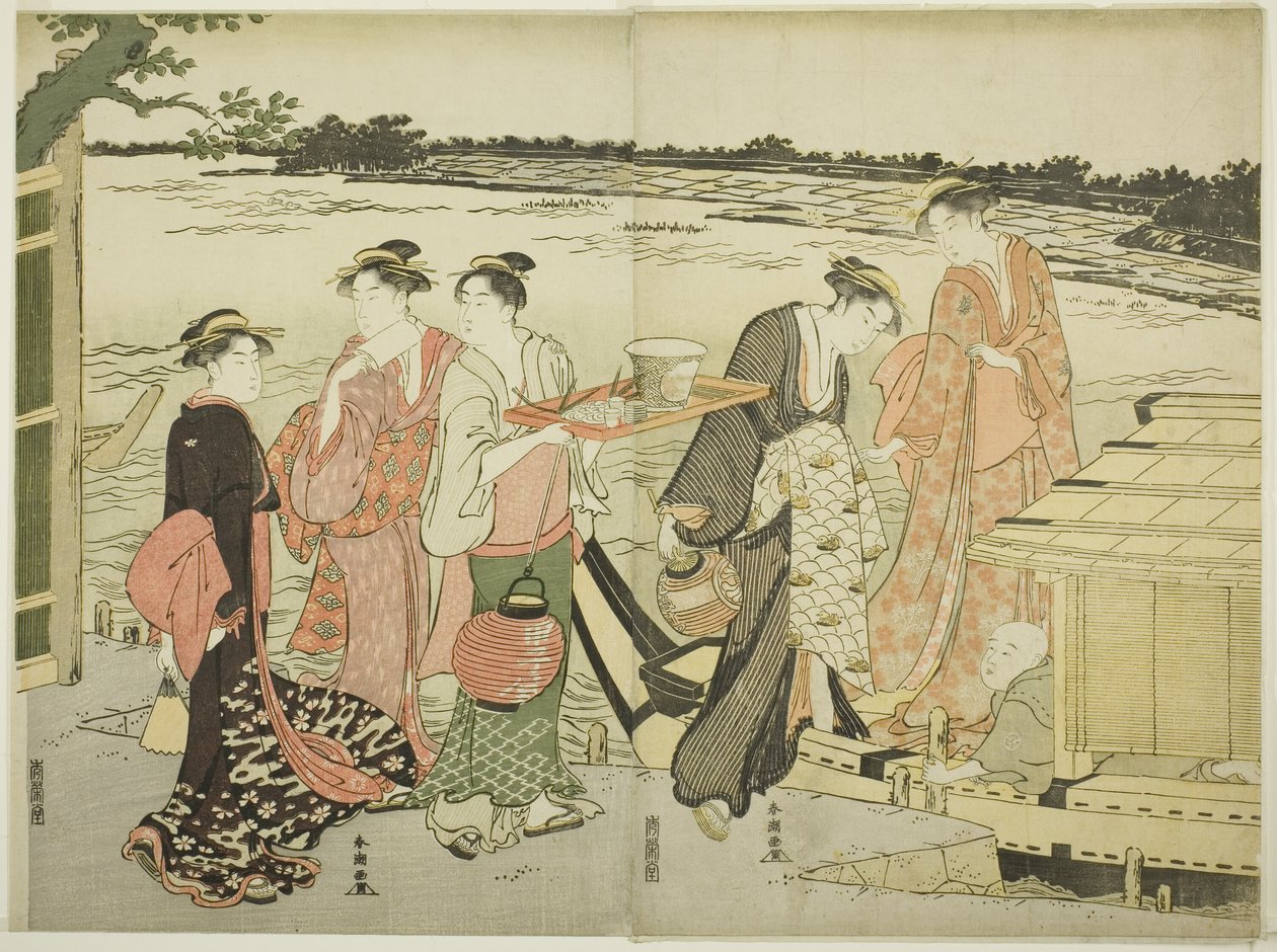 Mulheres embarcando em um barco de recreio de Katsukawa Shuncho