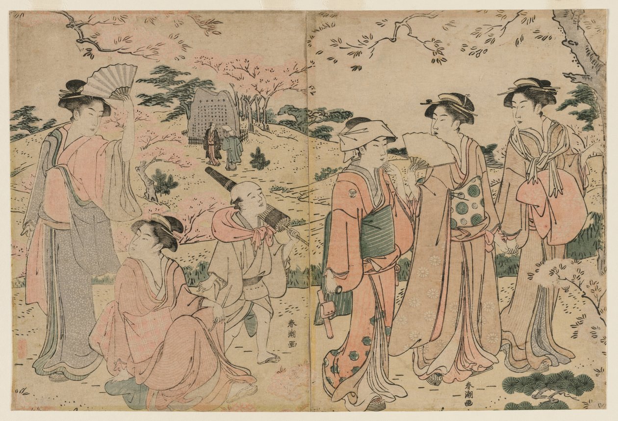 Mulheres vendo as flores de cerejeira em Asukayama de Katsukawa Shuncho