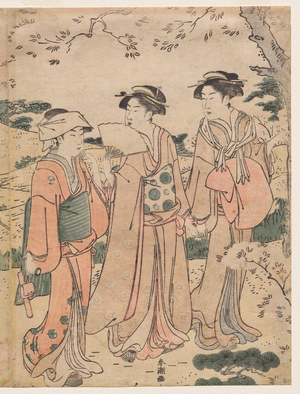 Mulheres vendo as flores de cerejeira em Asukayama de Katsukawa Shuncho