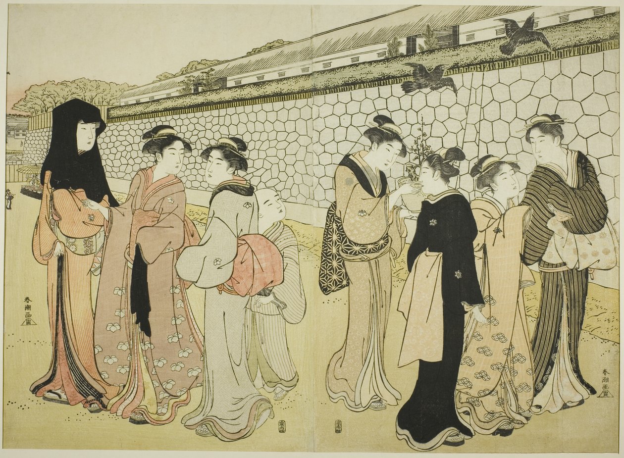 Mulheres caminhando por um fosso de Katsukawa Shuncho