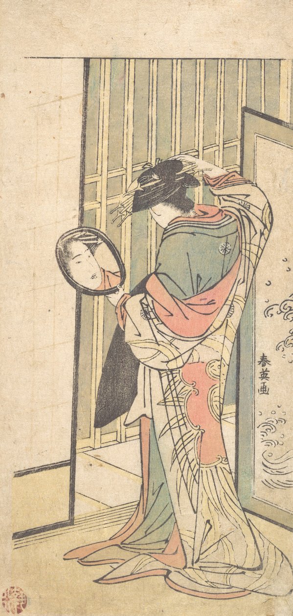 Uma cortesã olhando seu reflexo em um espelho de mão, c. 1787. de Katsukawa Shun