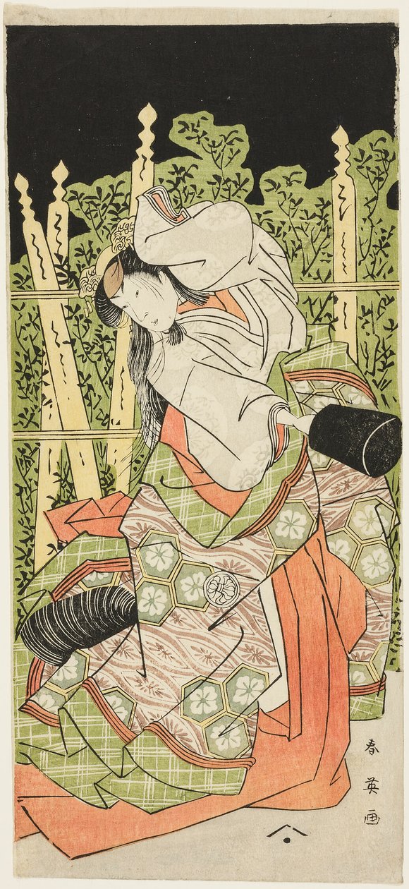 Ator Segawa Kikunojô III Possivelmente como Ono no Komachi em "Komachi Village: Ano Novo no Teatro" ("Komachimura shibai no shôgatsu") de Katsukawa Shun