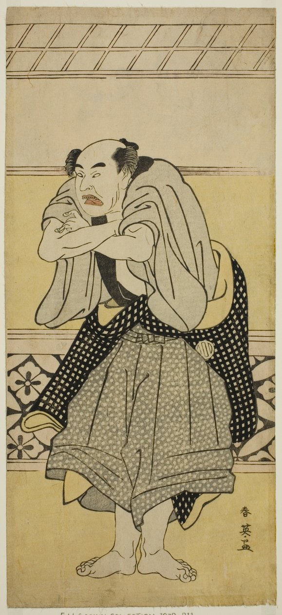 O ator Asao Tamejuro I como Gotobei bêbado na peça Yoshitsune Koshigoe Jo, representada no Teatro Ichimura no nono mês de 1790 de Katsukawa Shun