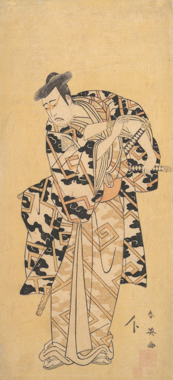 O ator Ichikawa Yaozo III como Fuwa Banzaemon em um Thunder Robe, brincando com um ventilador, 1794. de Katsukawa Shun