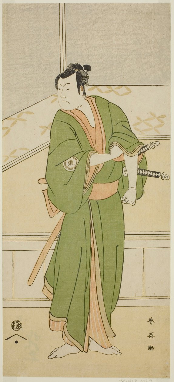 O ator Iwai Hanshiro IV como Shirai Gompachi na peça Gozen-gakari Sumo Soga, representada no Teatro Kawarazaki no segundo mês de 1793 de Katsukawa Shun