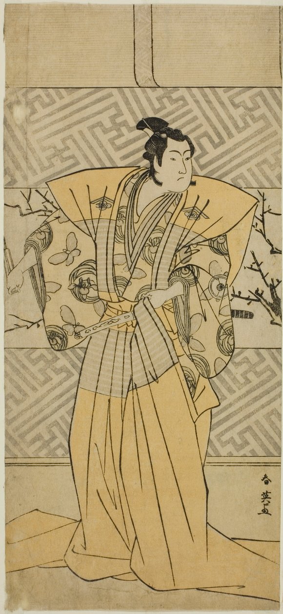 O ator Iwai Hanshiro IV como Soga no Goro Tokimune na peça Koi no Yosuga Kanegaki Soga, representada no Teatro Ichimura no primeiro mês de 1789 de Katsukawa Shun