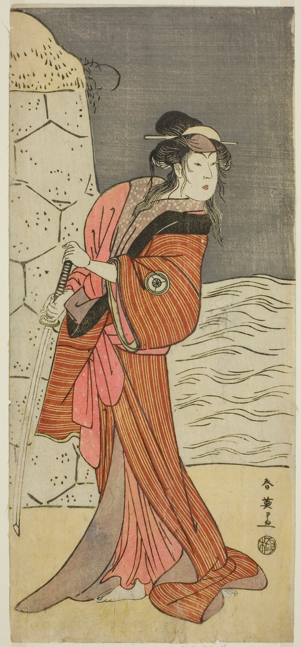 O ator Iwai Hanshiro IV como Yaegushi no Oroku () na peça Keisei Kogane no Hakarime (), representada no Teatro Kawarazaki () no terceiro mês de 1792 () de Katsukawa Shun