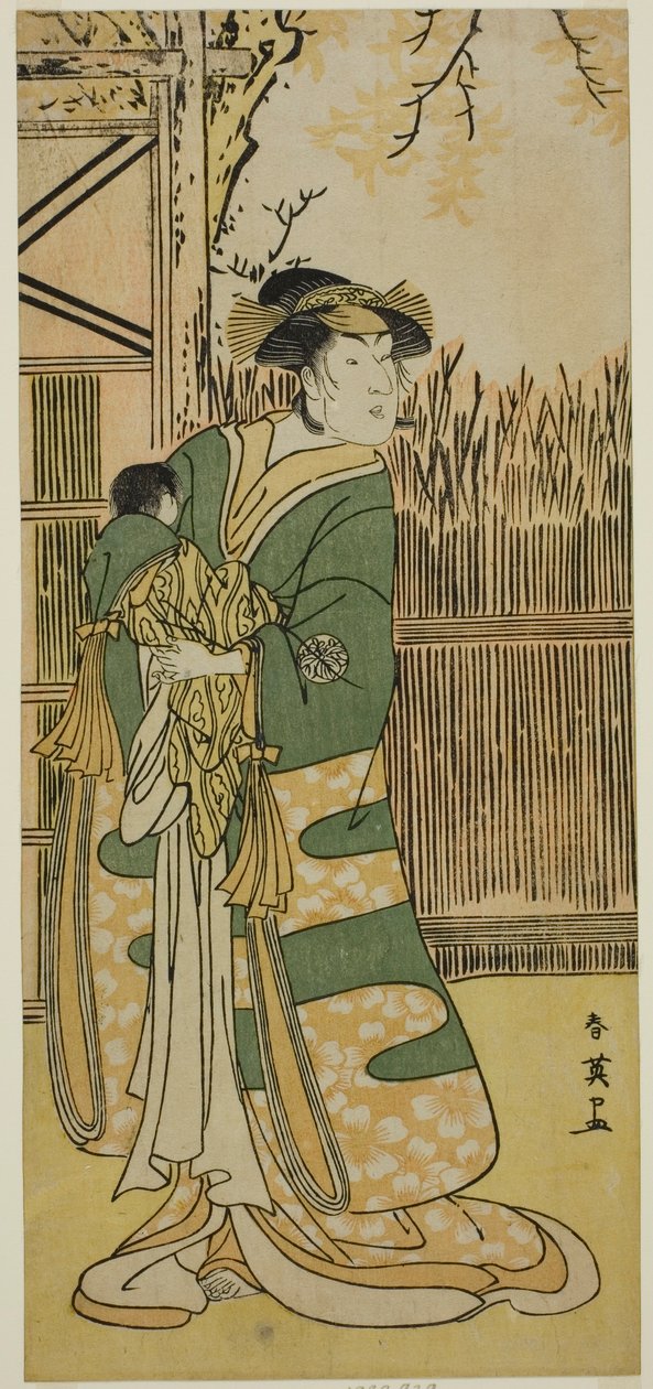 O ator Nakayama Tomisaburo I como Lady Tokiwa (Tokiwa Gozen) () na peça Kimmenuki Genke no Kakutsuba (), representada no Teatro Ichimura () no décimo primeiro mês de 1791 () de Katsukawa Shun