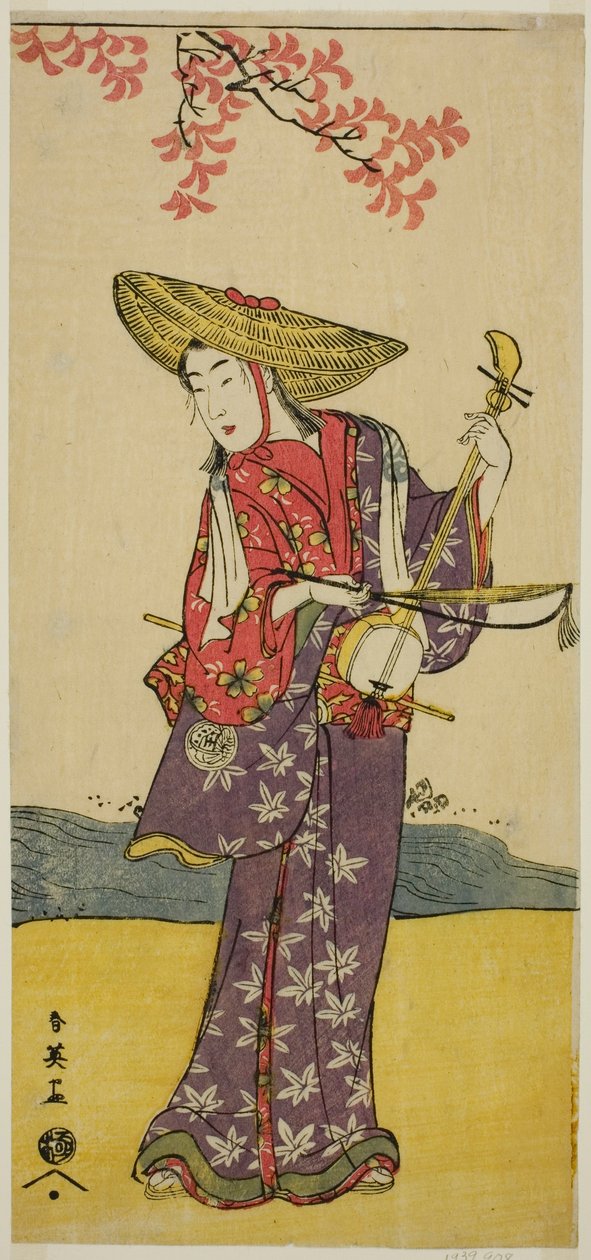 O ator Sawamura Tamagashira como músico ambulante na peça Dai Danna Kanjincho, representada no Teatro Kawarazaki no décimo primeiro mês de 1790 de Katsukawa Shun