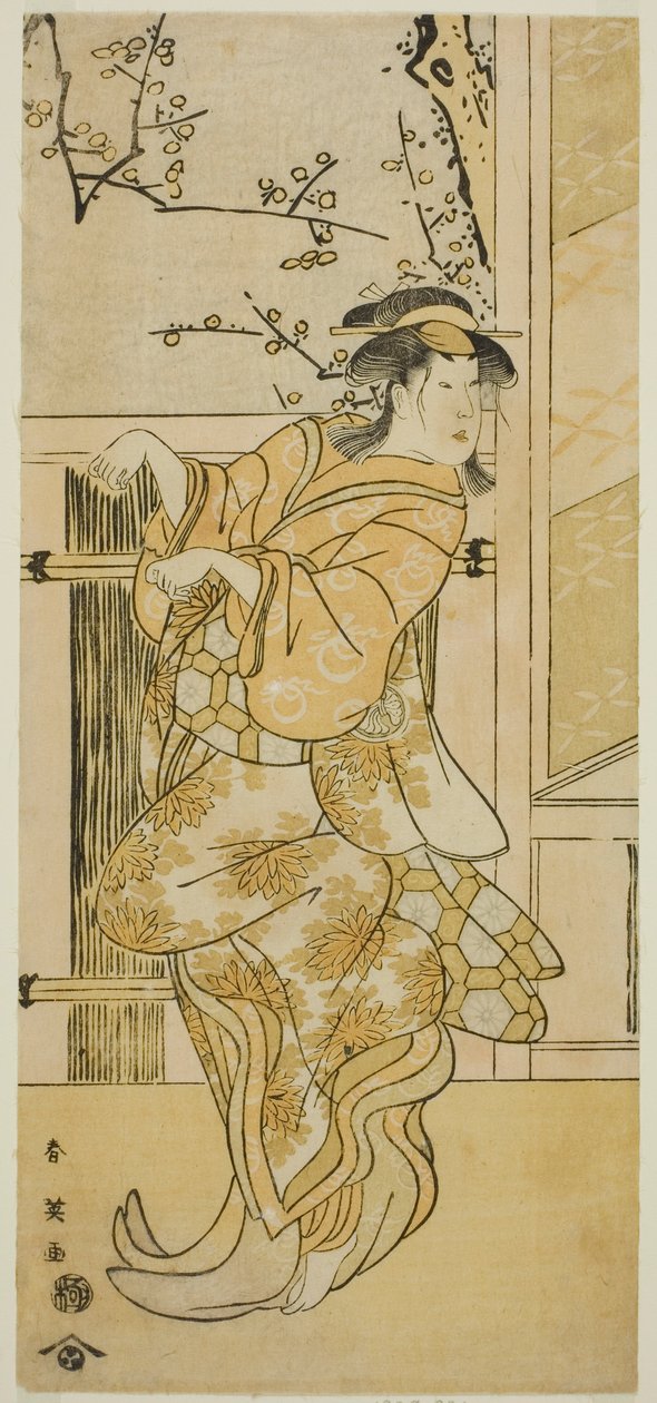 O ator Segawa Kikunojo III como Kojoro-gitsune (Raposa) disfarçado de Omiki na peça Komachi-mura Shibai no Shogatsu, representada no Teatro Nakamura no décimo primeiro mês de 1789 de Katsukawa Shun