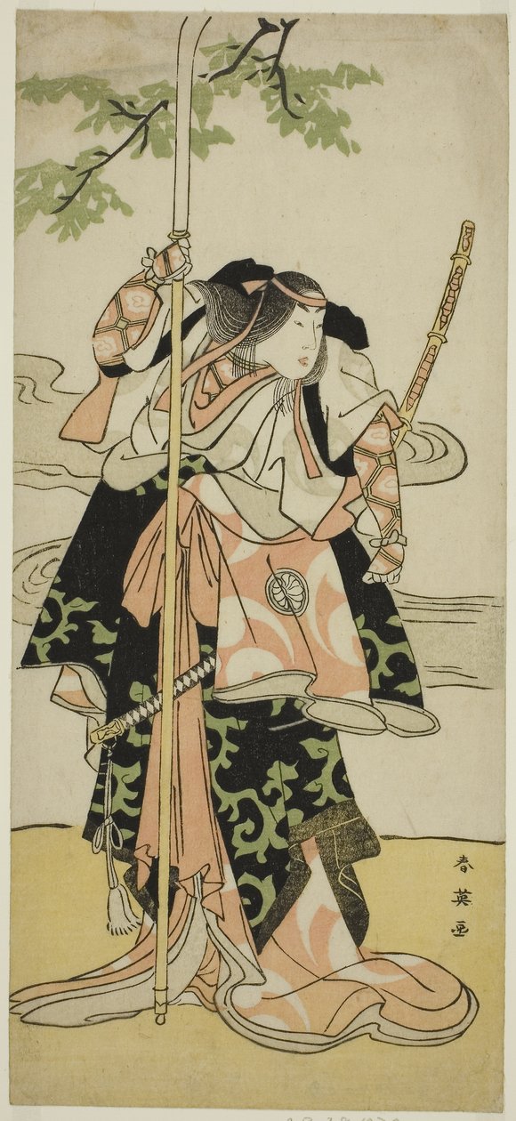 O ator Segawa Kikunojo III como Lady Tomoe (Tomoe Gozen) na peça Yasa Gumbai Miyako no Jindori, representada no Teatro Miyako no décimo primeiro mês, c.1793 (xilogravura a cores; hosoban) de Katsukawa Shun
