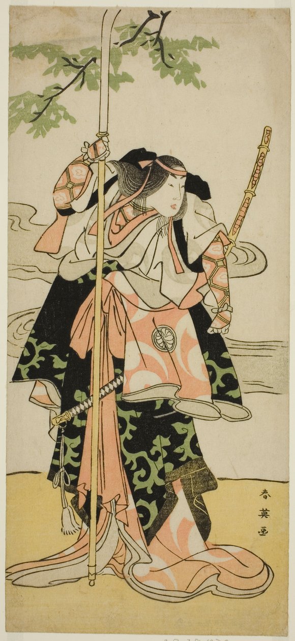 O ator Segawa Kikunojo III como Lady Tomoe (Tomoe Gozen) na peça Yasa Gumbai Miyako no Jindori, representada no Teatro Miyako no décimo primeiro mês de 1793 de Katsukawa Shun