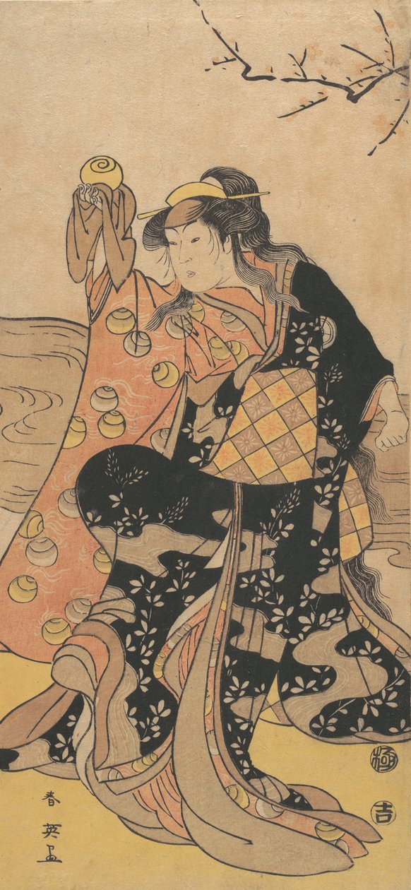 O Quarto Iwai Hanshiro como uma Mulher Segurando uma Bola de Cristal e Dançando na Margem de ..., c. 1788. de Katsukawa Shun