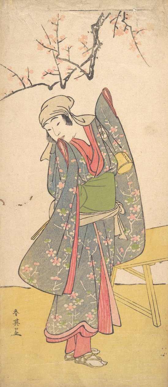 O Quarto Iwai Hanshiro quando jovem em pé ao lado de um banco de madeira, ca. 1790 de Katsukawa Shun