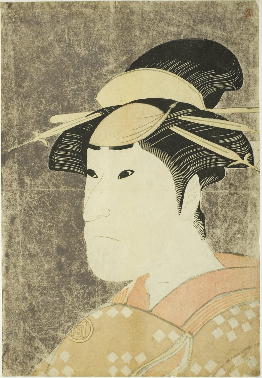 O ator Sanogawa Ichimatsu III como a prostituta Onayo de Gion na peça "Hana-ayame Bunroku Soga", apresentada no Teatro Miyako no quinto mês de Katsukawa Shunei
