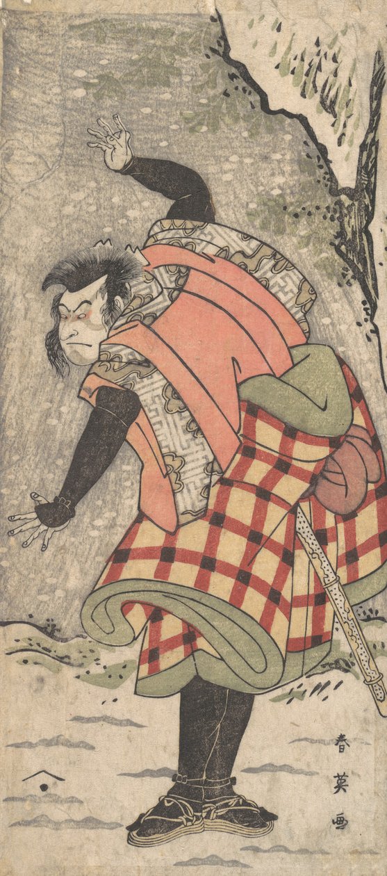 Ator não identificado como um Kyokaku ao pé de um penhasco em uma tempestade de neve, ca. 1793. de Katsukawa Shun