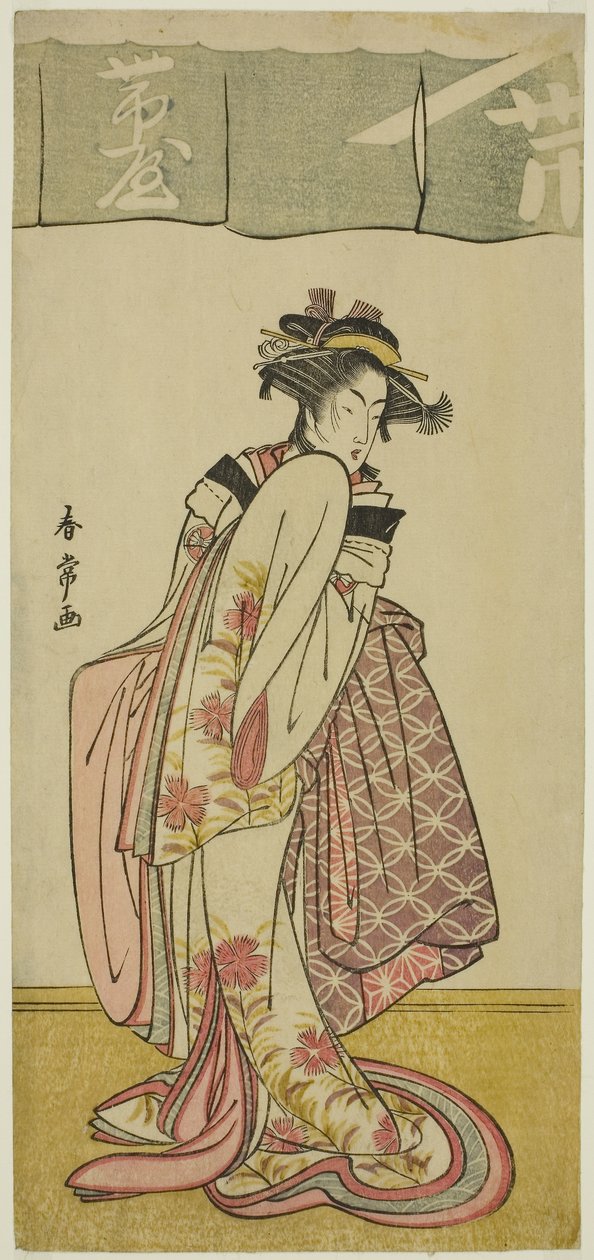 O ator Segawa Kikunojo III como Shinanoya Ohan na peça Kabuki no Hana Bandai Soga, representada no Teatro Ichimura no terceiro mês, c.1786 (xilogravura a cores; hosoban) de Katsukawa Shunjō