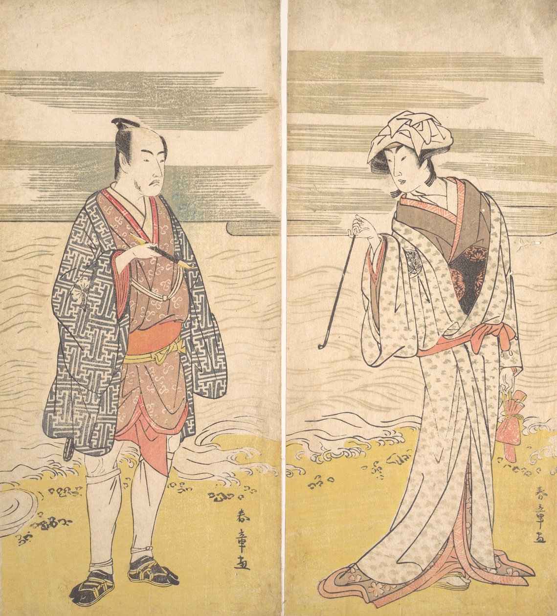 Dois atores: o Quarto Matsumoto Koshiro como Homem Vestido de Kimono Curto [esquerda], 1779. de Katsukawa Shunjo