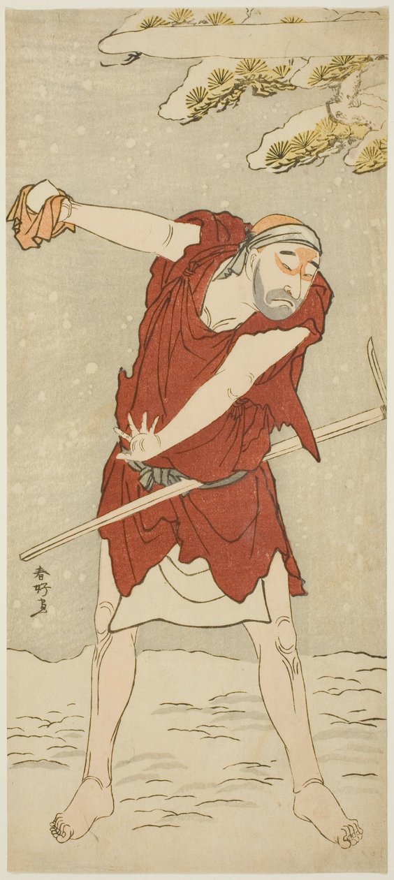 O ator Onoe Matsusuke I interpreta um monge mendicante em "Courtesan: Kerria Roses at Ide" ("Keisei Ide no yamabuki") de Katsukawa Shunkо̄