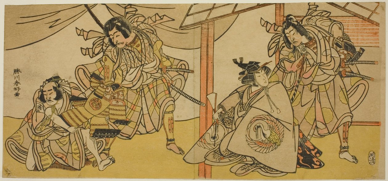 Página à direita: Os actores Bando Hikosaburo III como Soga no Goro (à direita), e Segawa Kikunojo IV como Onna Asahina (à esquerda), na peça Ume-goyomi Akebono Soga; Folha da esquerda: Os actores Onoe Matsusuke I como Furugori Shinzaemon (esquerda), e Ich de Katsukawa Shunkо̄