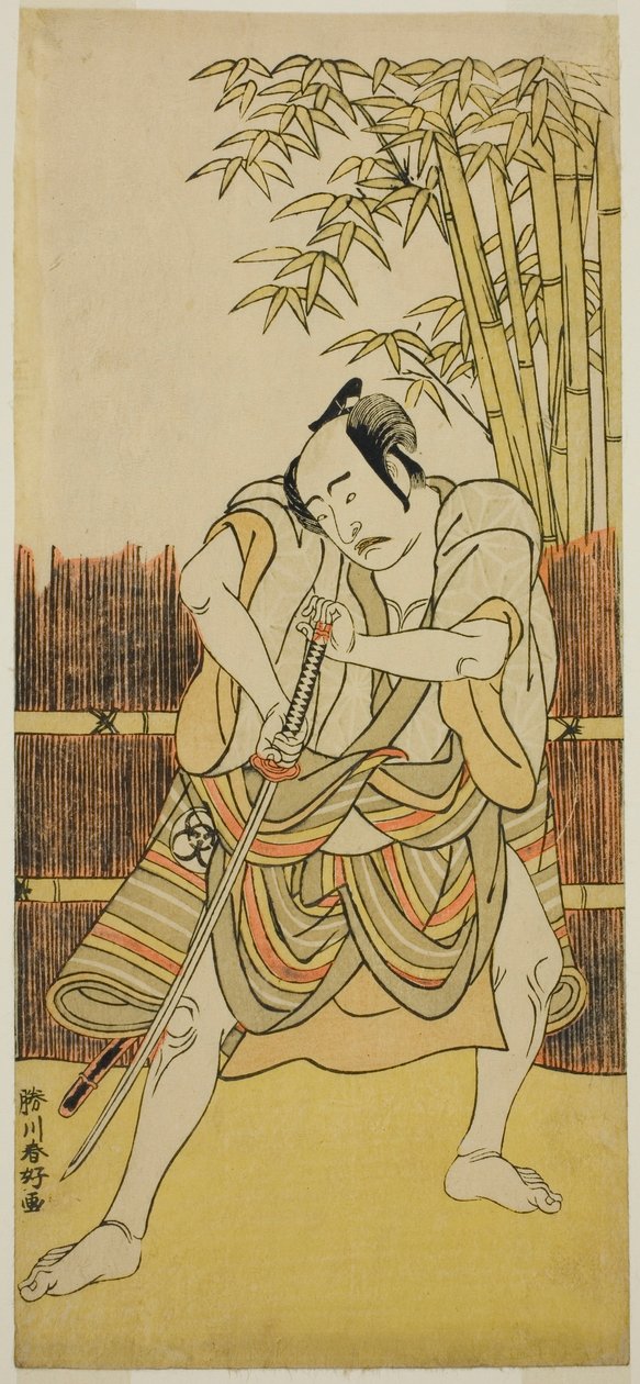 O ator Bando Mitsugoro I como Ogata no Saburo disfarçado de Yoroya Takiemon na peça Mure Takamatsu Yuki no Shirahata, representada no Teatro Ichimura no décimo primeiro mês de 1780 de Katsukawa Shunkо̄