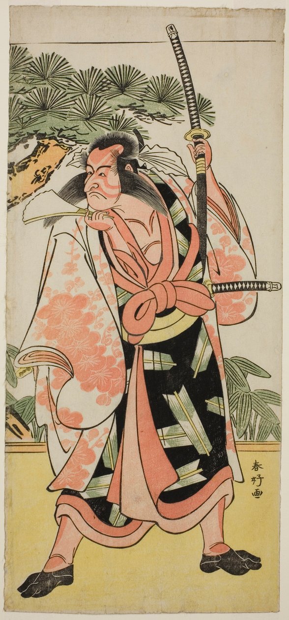 O ator Ichikawa Danjuro V como Kajiwara Genta Kagesue na peça Yuki Nazuna Saiwai Soga, representada no Teatro Kiri no primeiro mês de 1787 de Katsukawa Shunkо̄