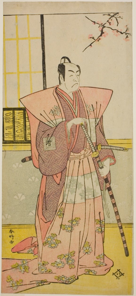 O ator Ichikawa Omezo I como Koyurugi Motomenosuke () na peça Haru no Nishiki Date-zome Soga (), representada no Teatro Nakamura () no primeiro mês de 1790 () de Katsukawa Shunkо̄