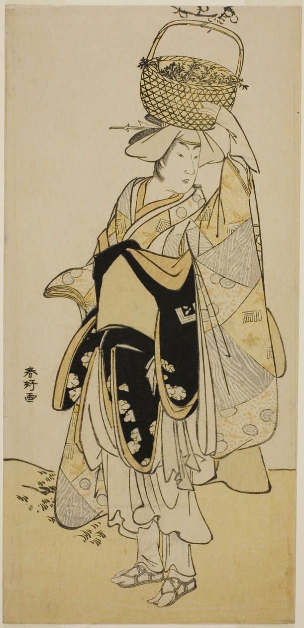 O ator Ichikawa Yaozo III como Shiragiku na sequência de dança "Shinobu Uri" na peça Hatsuhana Mimasu Soga, representada no Teatro Nakamura no primeiro mês de 1785 de Katsukawa Shunkо̄