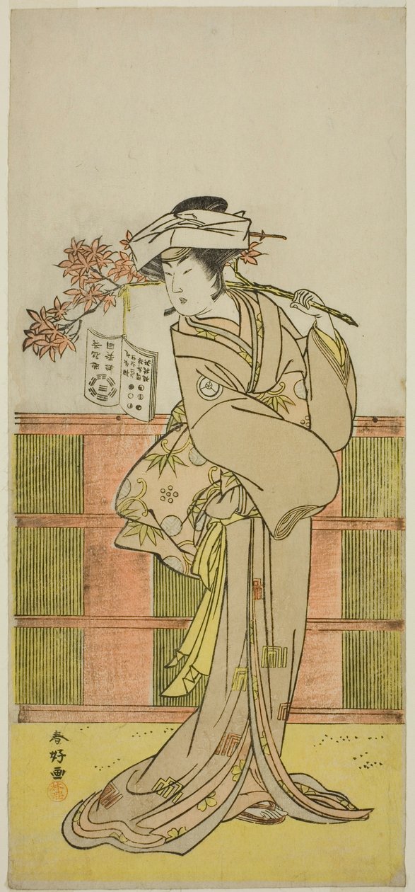 O ator Iwai Hanshiro IV como Umegae disfarçado de cartomante Omatsu na peça Mukashi Otoko Yuki no Hinagata, representada no Teatro Ichimura no décimo primeiro mês de 1781 de Katsukawa Shunkо̄