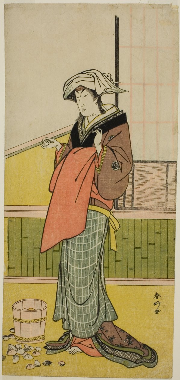 O ator Nakamura Riko I como Moshio () na peça Honda Yayoi Meoto Junrei (), representada no Teatro Ichimura () no sétimo mês de 1778 () de Katsukawa Shunkо̄