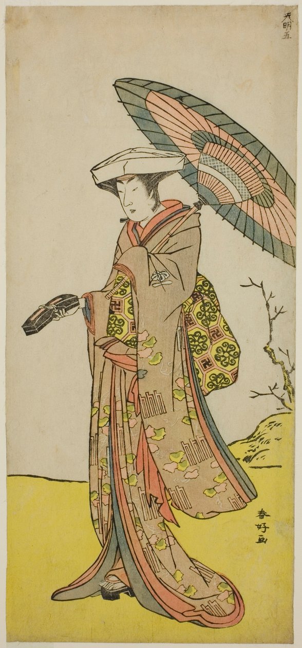 O ator Nakayama Kojuro VI como Chinzei Hachiro Tametomo disfarçado de Lady Hotoke (Hotoke Gozen) na peça Yukimotsu Take Furisode Genji, representada no Teatro Nakamura no décimo primeiro mês de 1785 de Katsukawa Shunkо̄