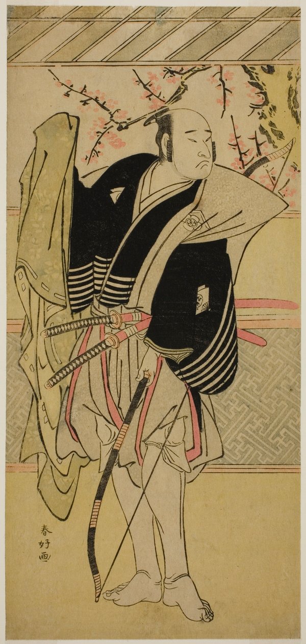 O ator Onoe Matsusuke I como Yawata no Saburo () na peça Edo no Hana Mimasu Soga (), representada no Teatro Nakamura () no primeiro mês de 1783 () de Katsukawa Shunkо̄