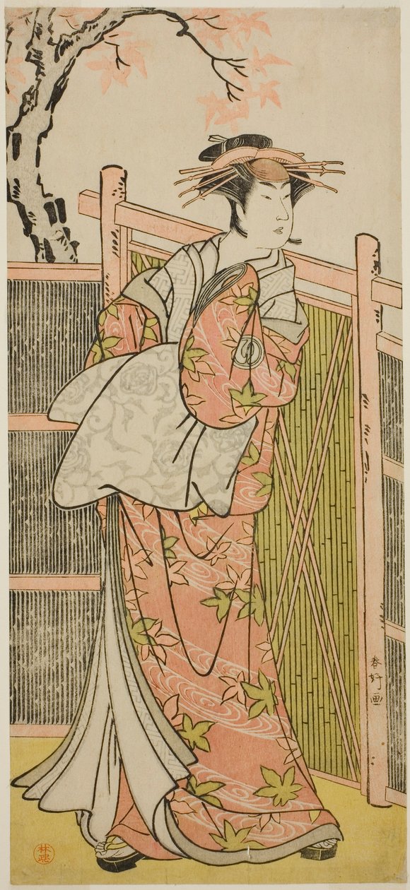 O ator Sawamura Sojuro III como o espírito da cortesã Takao na peça Takao Daimyojin Momiji no Tamagaki, representada no Teatro Nakamura no sétimo mês de 1787 de Katsukawa Shunkо̄