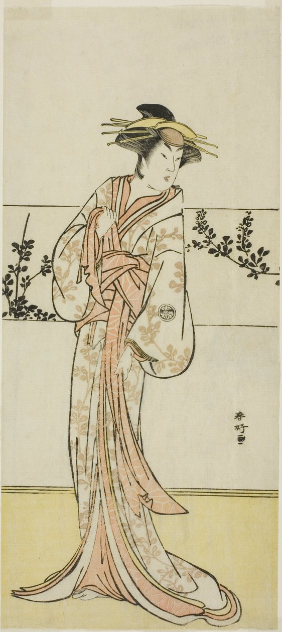 O ator Segawa Kikunojo III, possivelmente na pele do cortesão Kojoro de Hakata, na peça Chiyo no Hajime Ondo no Seto (Início da Eternidade: O Estreito de Ondo no Mar Interior de Seto) (), representada no Teatro Kiri a partir do vigésimo sétimo dia da sétim de Katsukawa Shunkо̄