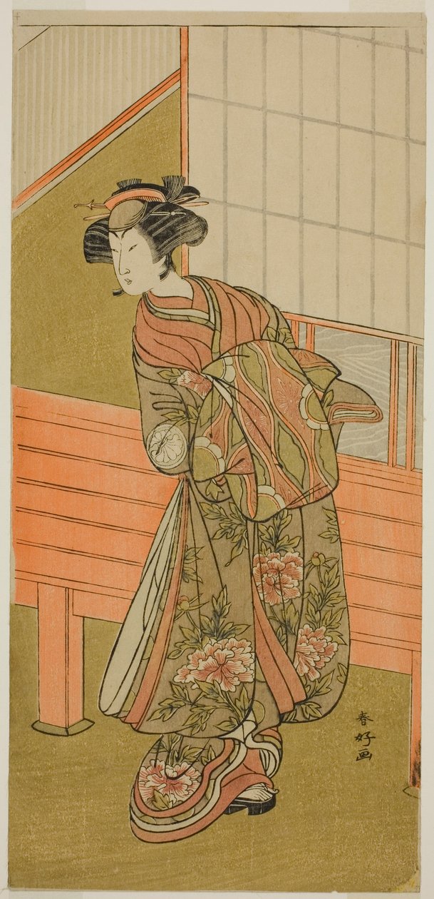 O ator Segawa Kikunojo III como a cortesã Takamura de Onoteruya () na peça Sugata no Hana Yuki no Kuromushi (), representada no Teatro Ichimura () no décimo primeiro mês de 1776 () de Katsukawa Shunkо̄