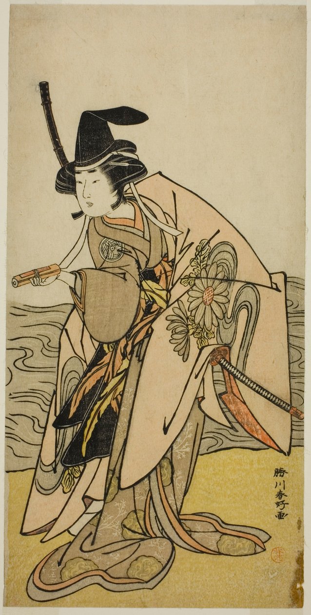 O ator Yamashita Kinsaku II como Lady Kikusui (Kikusui Gozen) na peça Kaeribana Eiyu Taiheiki, representada no Teatro Nakamura no décimo primeiro mês de 1779 de Katsukawa Shunkо̄