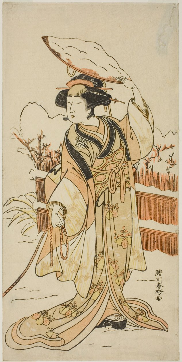 O ator Yoshizawa Ayame IV como Yadorigi, a irmã de Nikaido Shinanosuke, disfarçada de Orie, a esposa de Aoto Magosaburo, na segunda parte da peça Motomishi Yuki Sakae Hachi no Ki (Olhando para a neve que cai: árvores em vasos prósperas), representada no Na de Katsukawa Shunkо̄