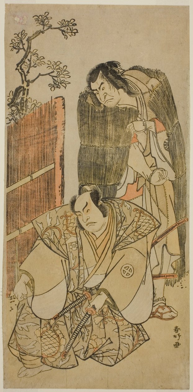 Os actores Nakamura Nakazo I como Kagekiyo vestido de mendigo (à direita), e Otani Hiroji III como Onio Shinzaemon (à esquerda), na peça Kotobuki Banzei Soga, representada no Teatro Ichimura no terceiro mês de 1783 de Katsukawa Shunkо̄