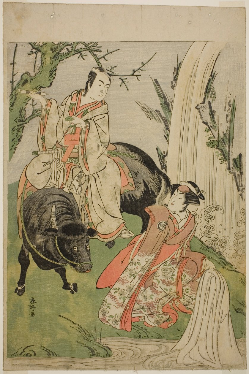 Os actores Segawa Kikunojo III como Princesa Hatsune (Hatsune Hime) (à direita), e Ichikawa Monnosuke II como Miyukinosuke Yukinari, na peça Otokoyama Furisode Genji, representada no Teatro Kiri no décimo primeiro mês de 1785 de Katsukawa Shunkо̄