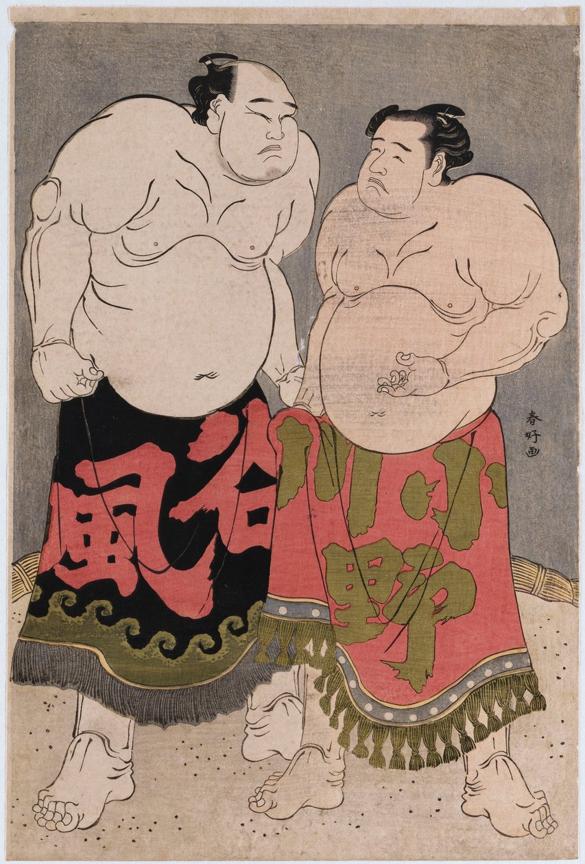 Retratos completos dos lutadores Onogawa Kisaburo, à direita, e Tanizake Kajinosuke, à esquerda de Katsukawa Shunko