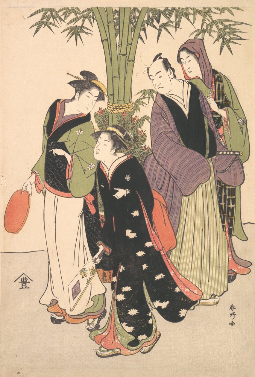 Atores Kabuki Segawa Kikunojo III e Ichikawa Monnosuke II e Duas Cortesãs Celebr..., ca. década de 1790. de Katsukawa Shunko