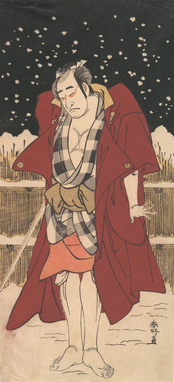 Onoe Matsusuke como Homem Armado com uma Espada, De Pé na Neve diante de uma Cerca, 1786. de Katsukawa Shunko