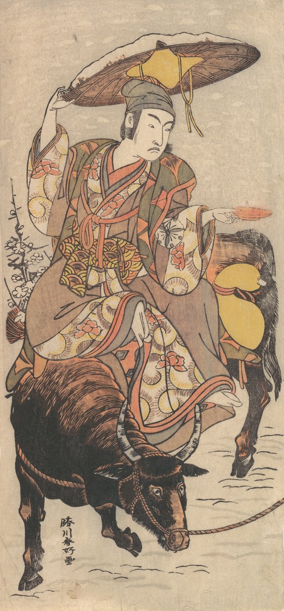 O ator Matsumoto Koshiro IV em um boi em uma tempestade de neve, ca. 1790. de Katsukawa Shunko